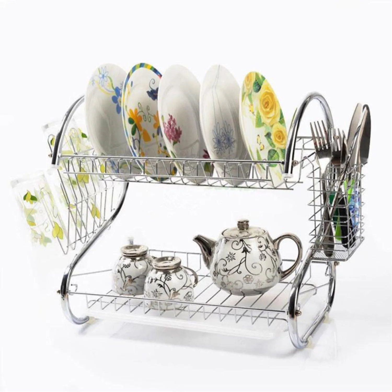 2962 Stainless Steel 2 Layer Kitchen Dish Rack / Plate Cutlery Stand