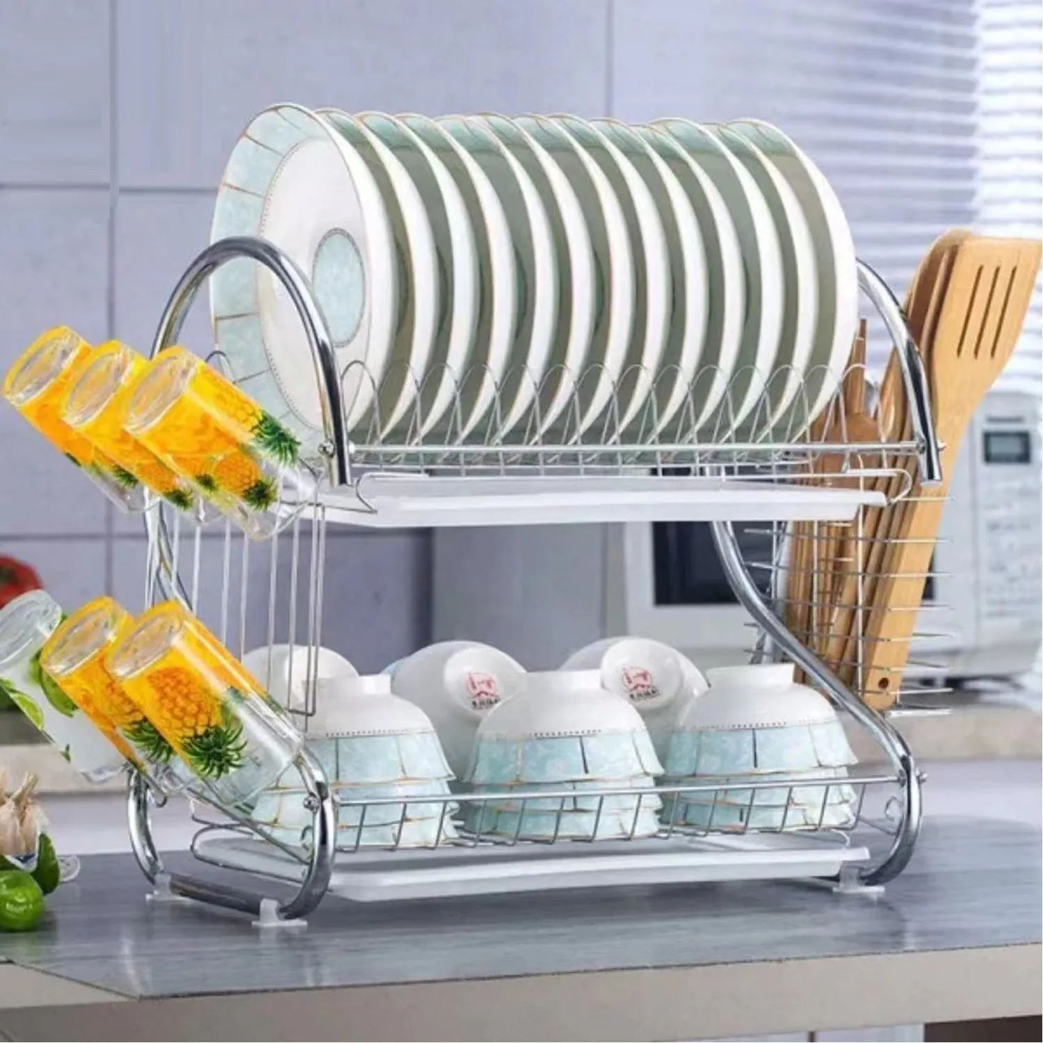 2962 Stainless Steel 2 Layer Kitchen Dish Rack / Plate Cutlery Stand