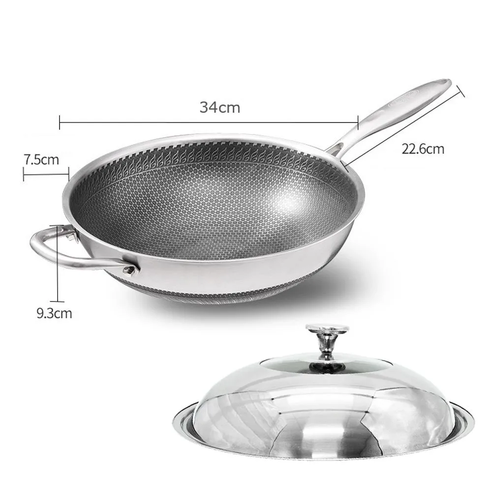 316 Stainless Steel Non-Stick Stir Fry Cooking Kitchen Honeycomb Wok Pan 34cm