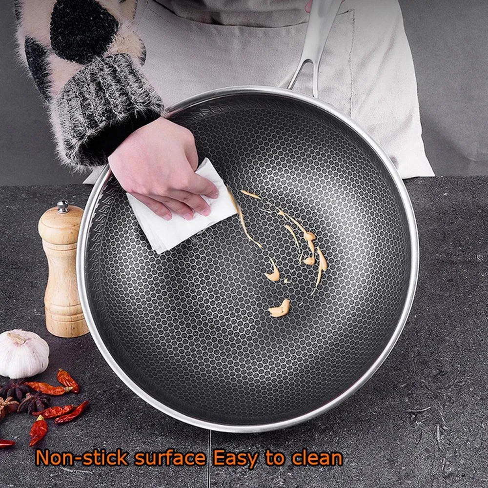 316 Stainless Steel Non-Stick Stir Fry Cooking Kitchen Honeycomb Wok Pan 34cm