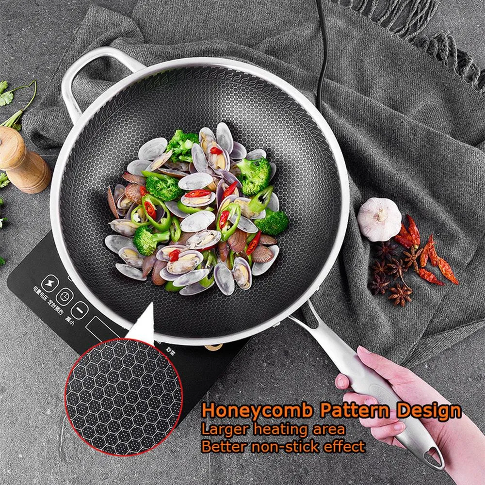 316 Stainless Steel Non-Stick Stir Fry Cooking Kitchen Wok Pan Honeycomb Double Sided