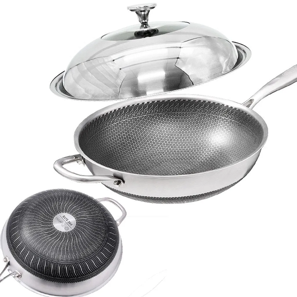 316 Stainless Steel Non-Stick Stir Fry Cooking Kitchen Wok Pan Honeycomb Double Sided