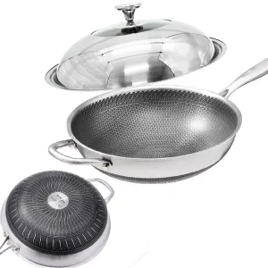 316 Stainless Steel Non-Stick Stir Fry Cooking Kitchen Wok Pan Honeycomb Double Sided