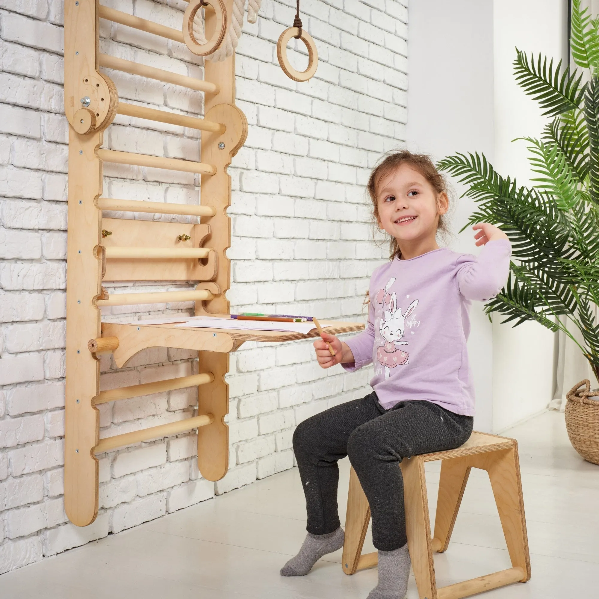 4in1 Wooden Swedish Wall / Climbing Ladder for Children   Swing Set   Slide Board   Art Add-On