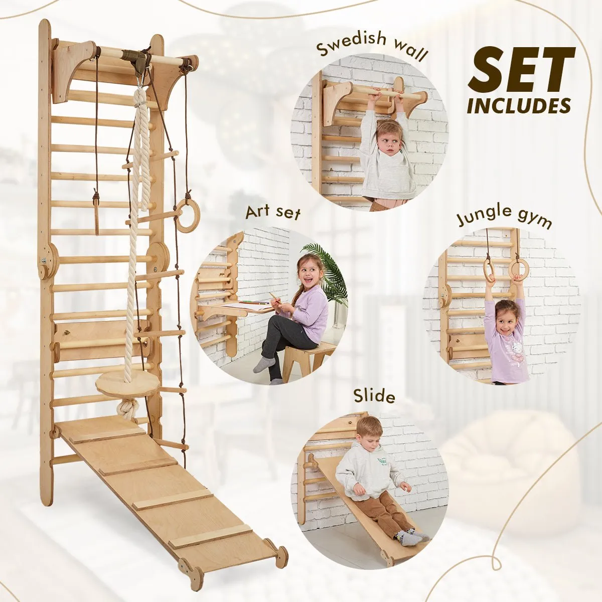 4in1 Wooden Swedish Wall / Climbing Ladder for Children   Swing Set   Slide Board   Art Add-On