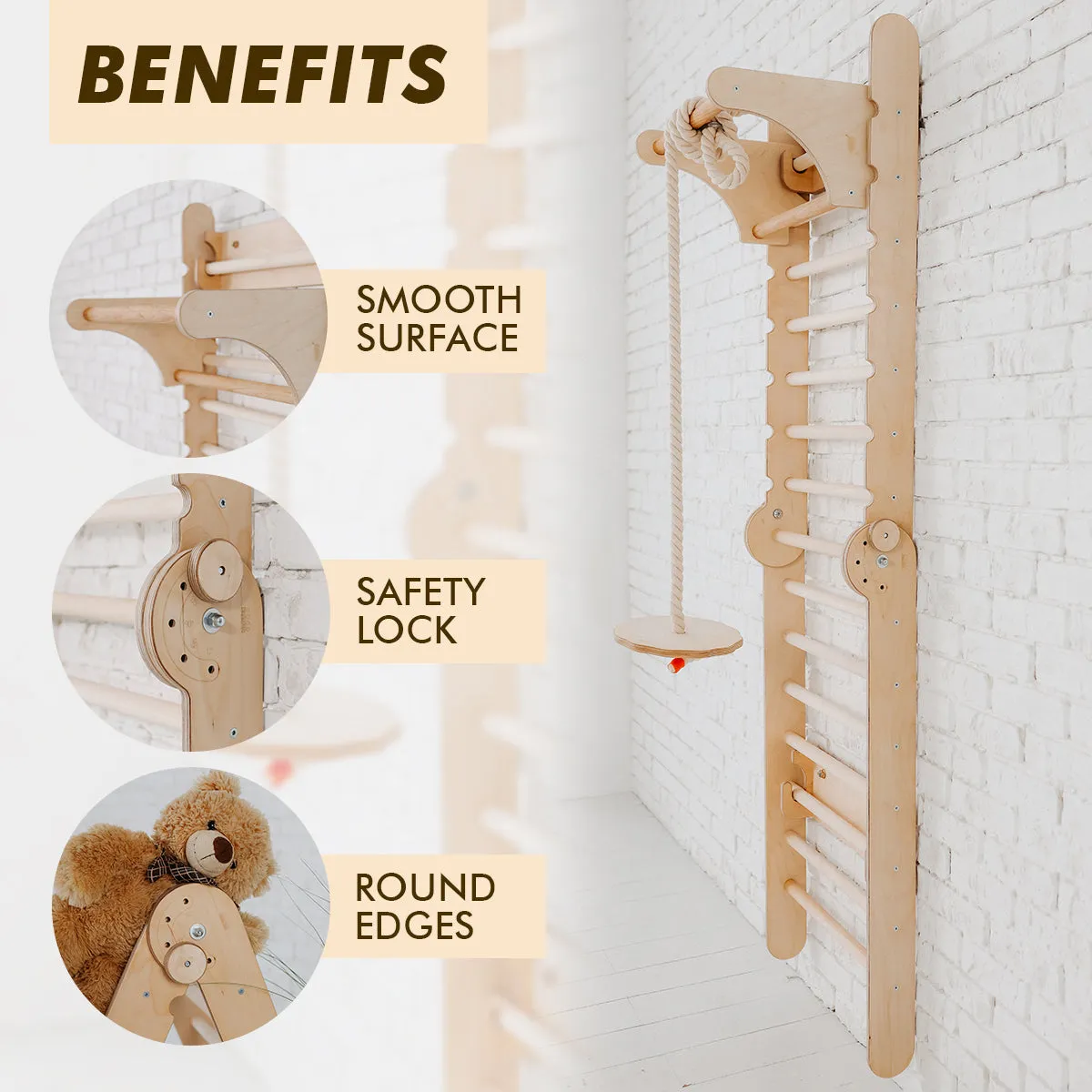 4in1 Wooden Swedish Wall / Climbing Ladder for Children   Swing Set   Slide Board   Art Add-On