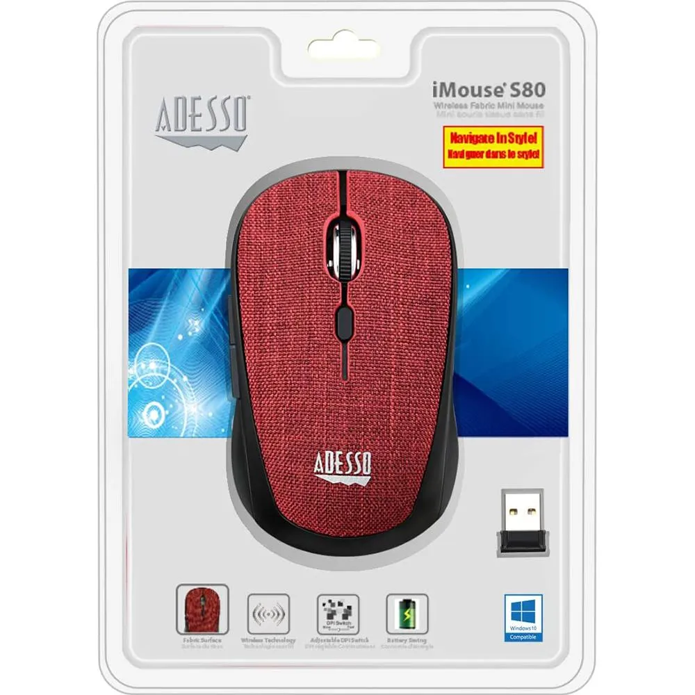 Adesso iMouse S80R Wireless Fabric Optical Mini Mouse (Red)