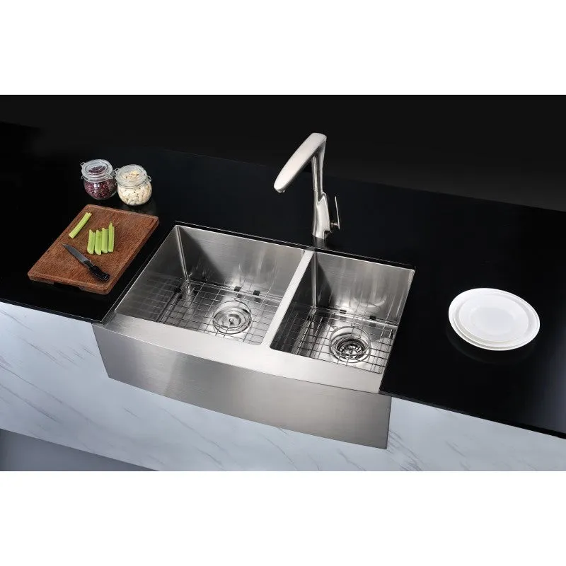 Elysian 32.88" Double Basin Farmhouse Apron Kitchen Sink in Brushed Satin