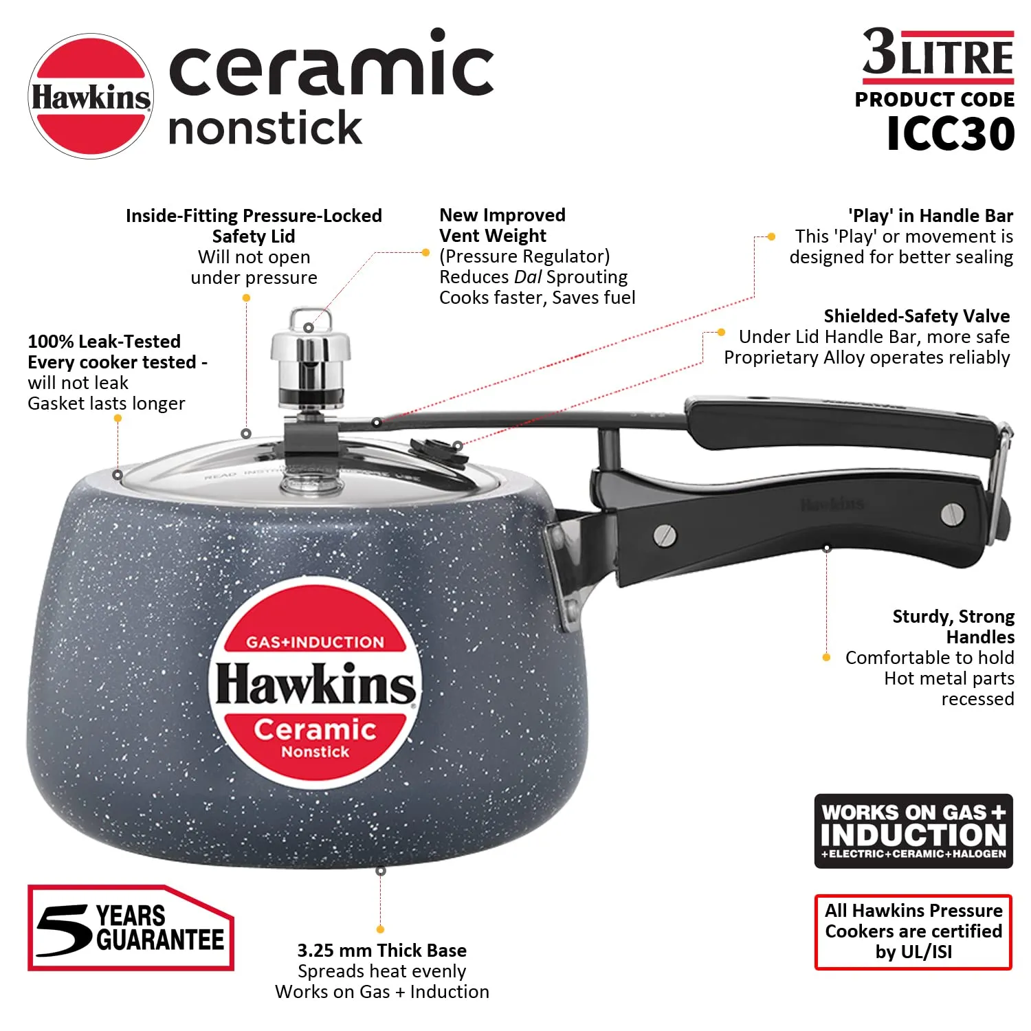 Hawkins Ceramic Nonstick Pressure Cooker, Induction Inner Lid Cooker