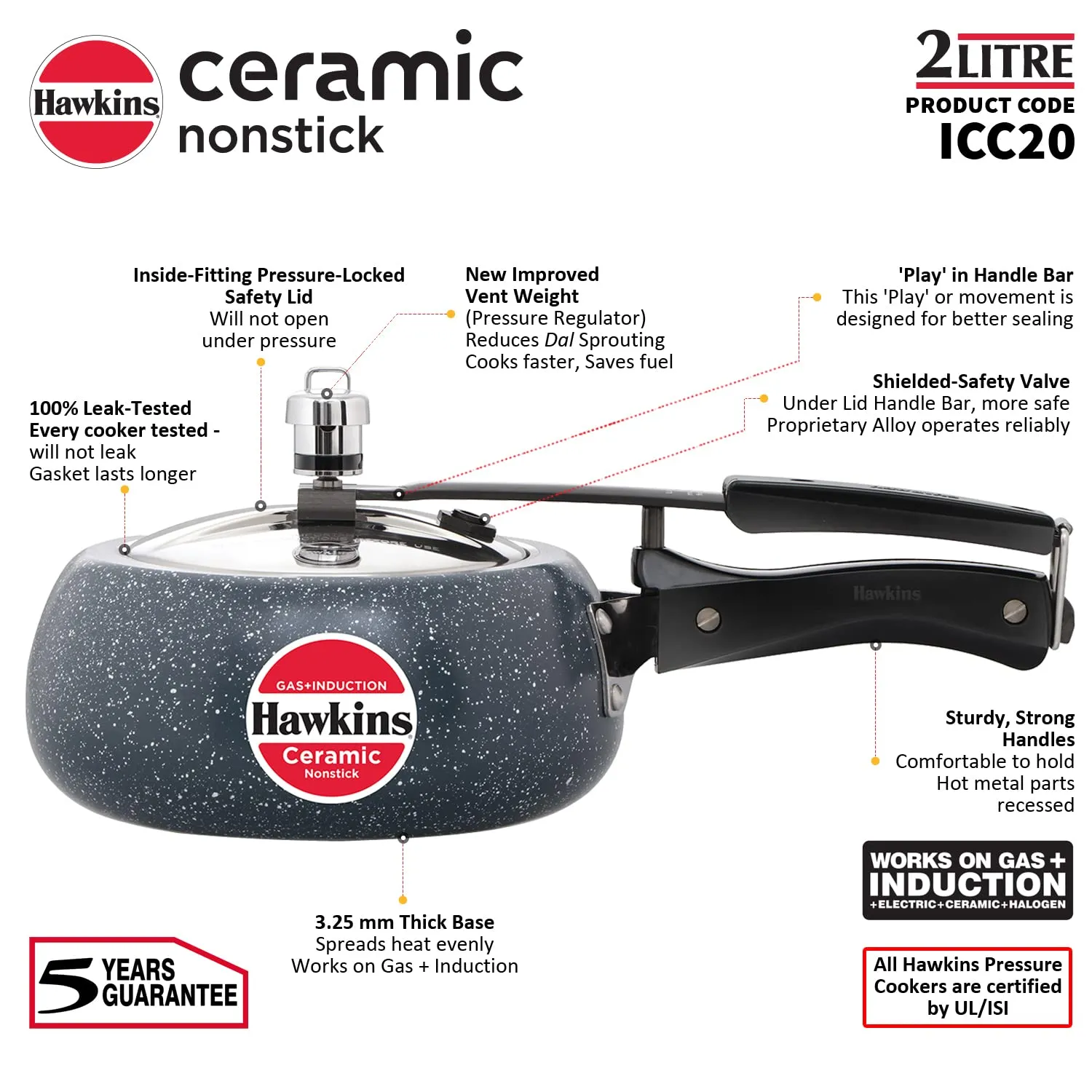 Hawkins Ceramic Nonstick Pressure Cooker, Induction Inner Lid Cooker