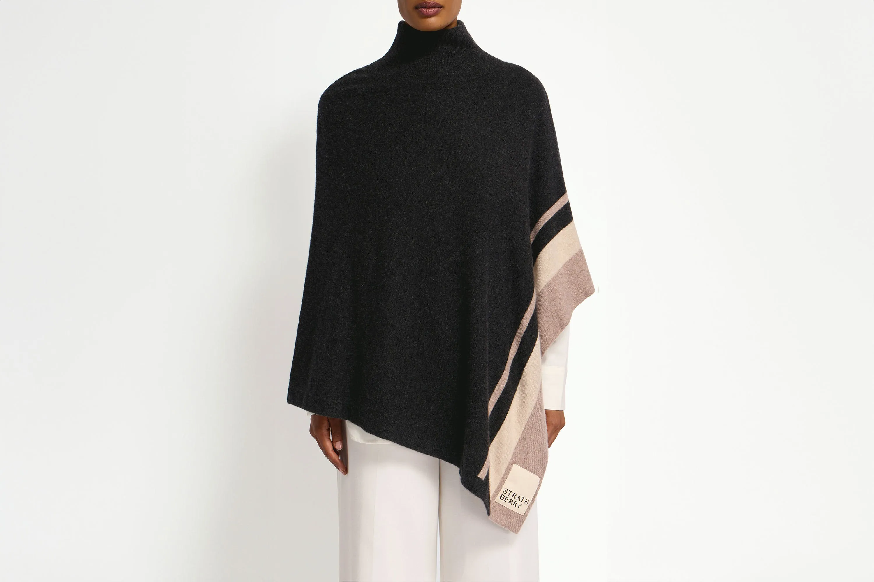 Islay Asymmetric Striped Pure Cashmere Poncho - Charcoal/Toast/Wheat