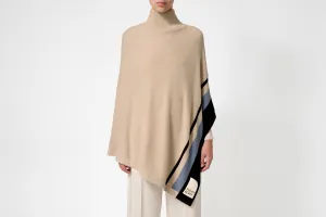 Islay Asymmetric Striped Pure Cashmere Poncho - Wheat/Black/Blue