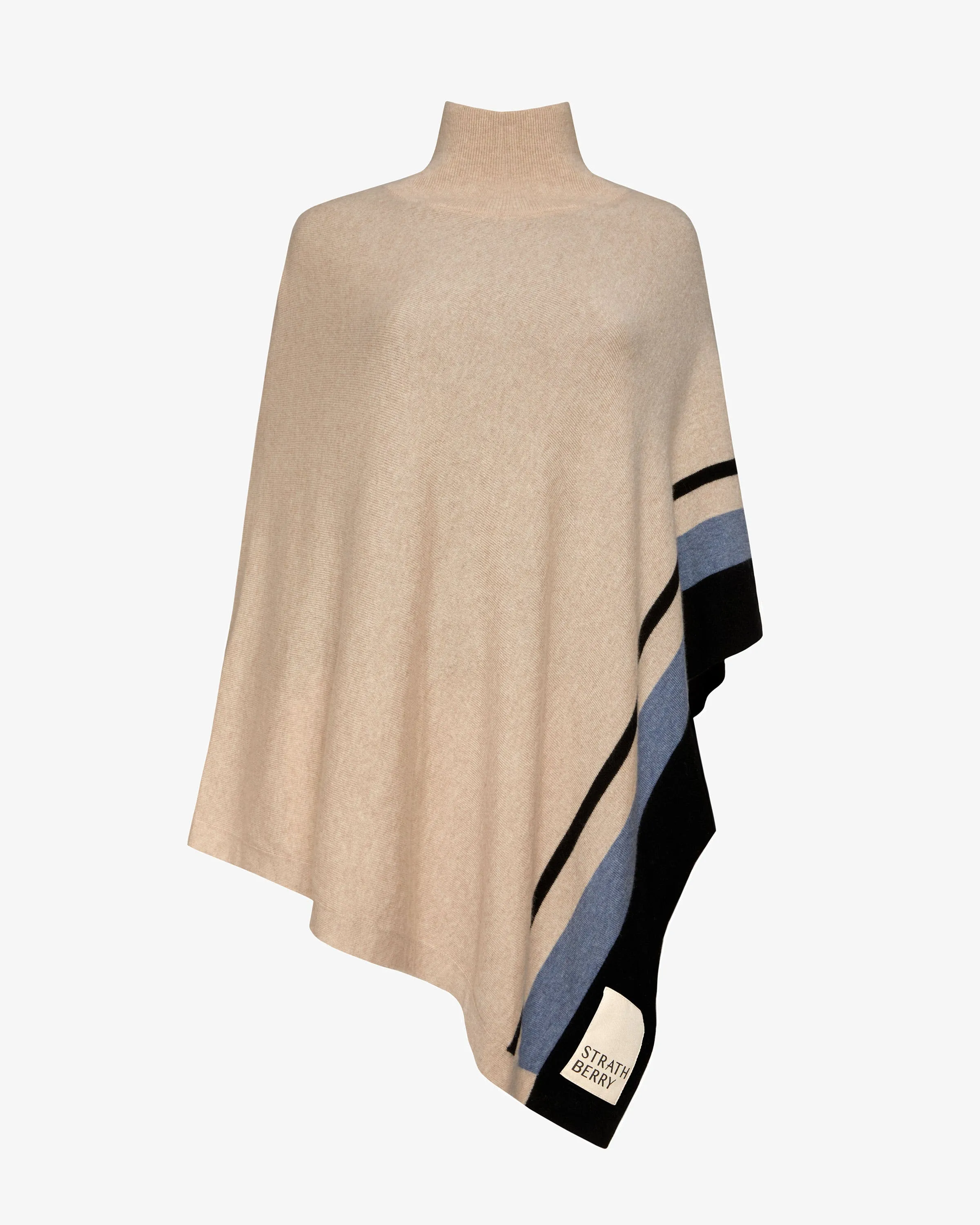 Islay Asymmetric Striped Pure Cashmere Poncho - Wheat/Black/Blue