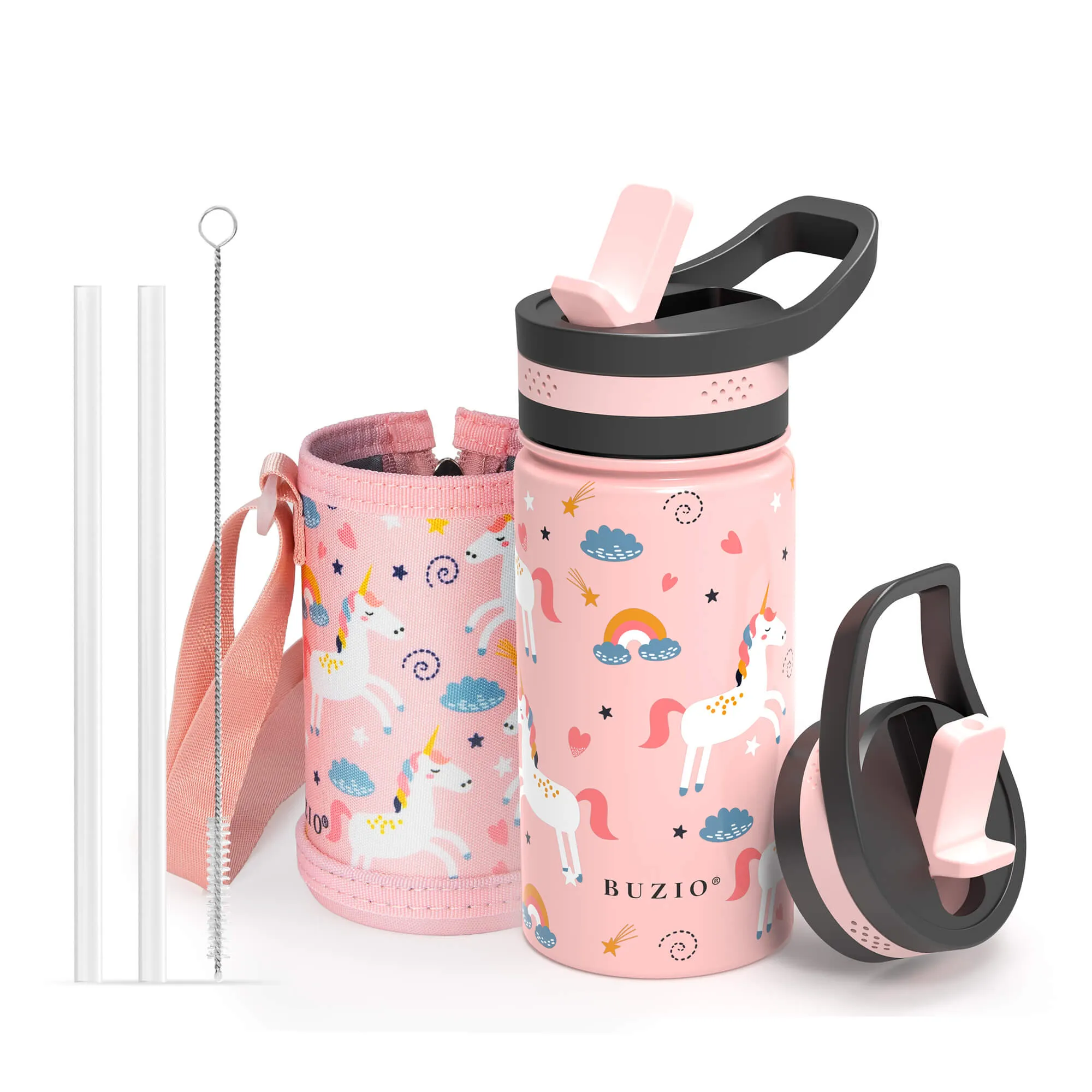 Kids Water Bottle with Carrying Pouch | 14oz | Pink Unicorn