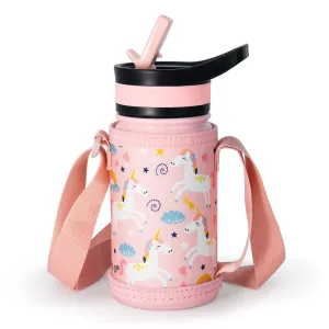 Kids Water Bottle with Carrying Pouch | 14oz | Pink Unicorn