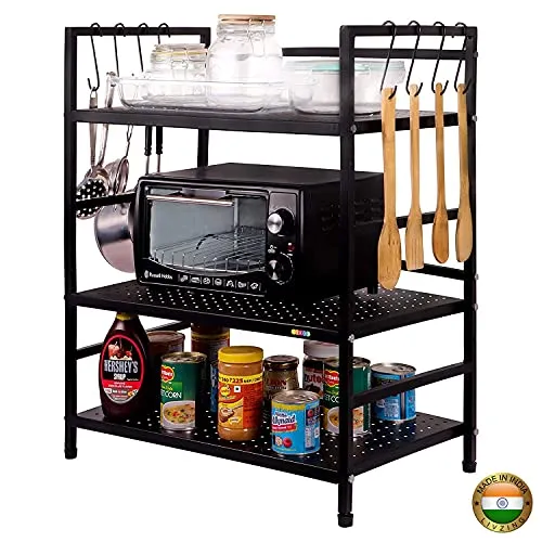 Livzing Premium Microwave Oven Stand - Adjustable, Space-Saving Kitchen Organizer with Dish & Utility Rack - OTG Stand for Kitchen, Rust & Heat Resistant, (3-Tier)