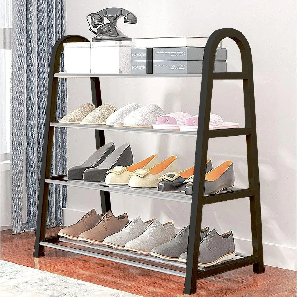 Lukzer 4 Tier Shoe Rack Detachable Open Book Shelf Plastic Storage Holder Organizer Stand for Home Office A Shape Black 4 Layer 62x27.5x54cm - Stylish Storage Stand