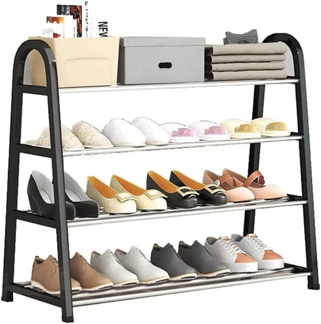 Lukzer 4 Tier Shoe Rack Detachable Open Book Shelf Plastic Storage Holder Organizer Stand for Home Office A Shape Black 4 Layer 62x27.5x54cm - Stylish Storage Stand