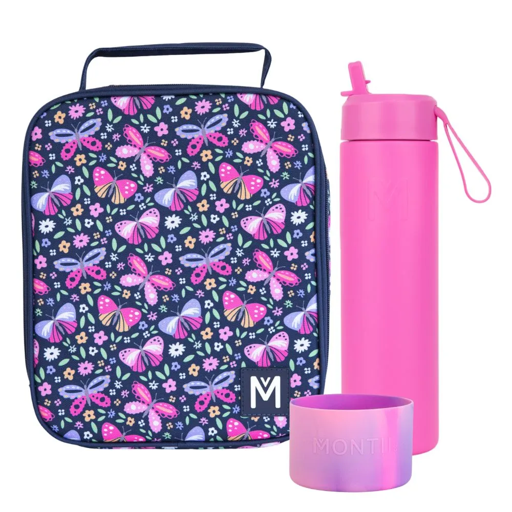 MontiiCo Large Lunch Bag & Sipper Bottle Bundle - Bonus Bumper! - Butterflies