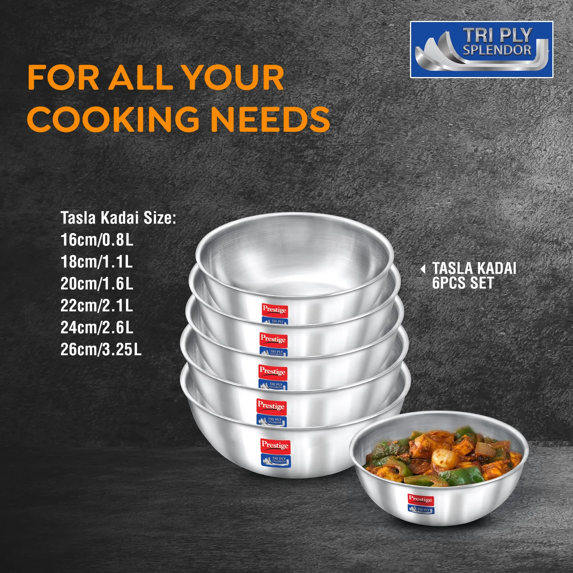 Prestige 6 PC Tri ply Tasla Kadai Set with Free Pakkad | 304 Food Grade Stainless Steel