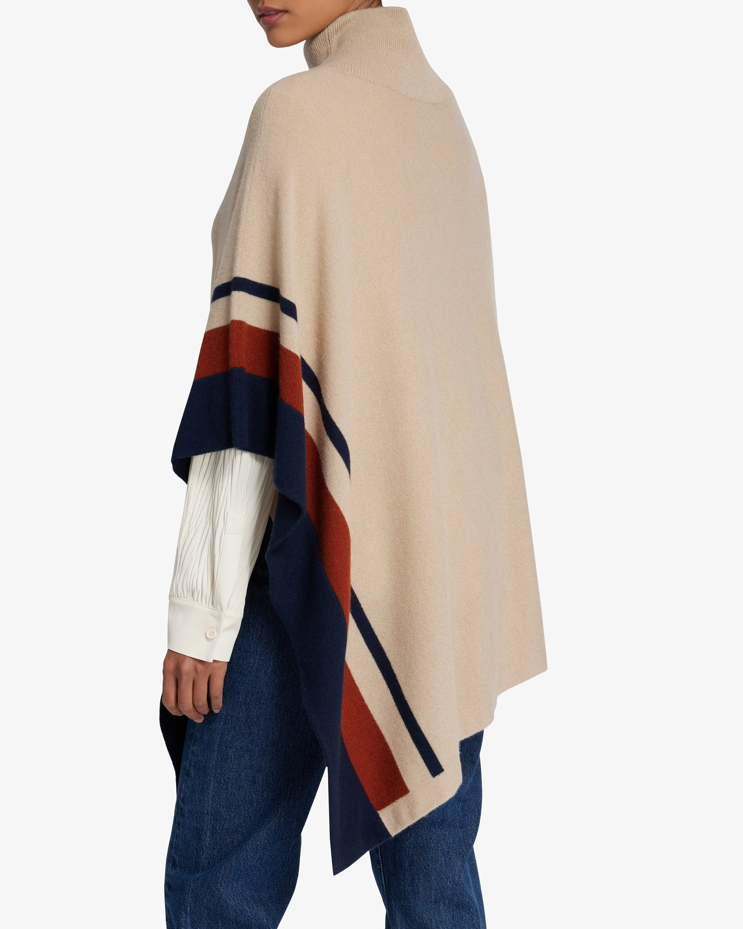 Pure Cashmere Asymmetric Poncho - Striped Camel/Spice/Navy