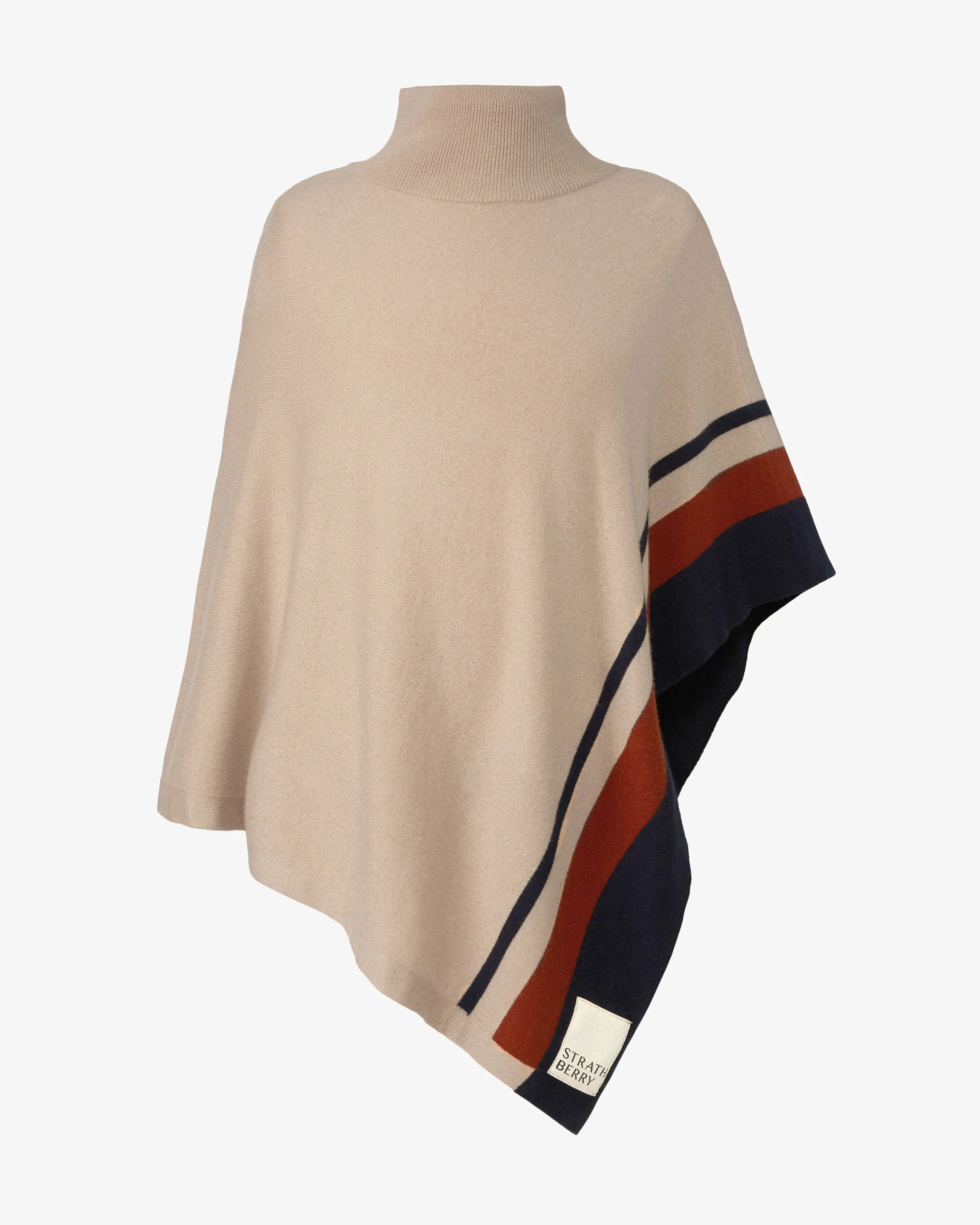 Pure Cashmere Asymmetric Poncho - Striped Camel/Spice/Navy