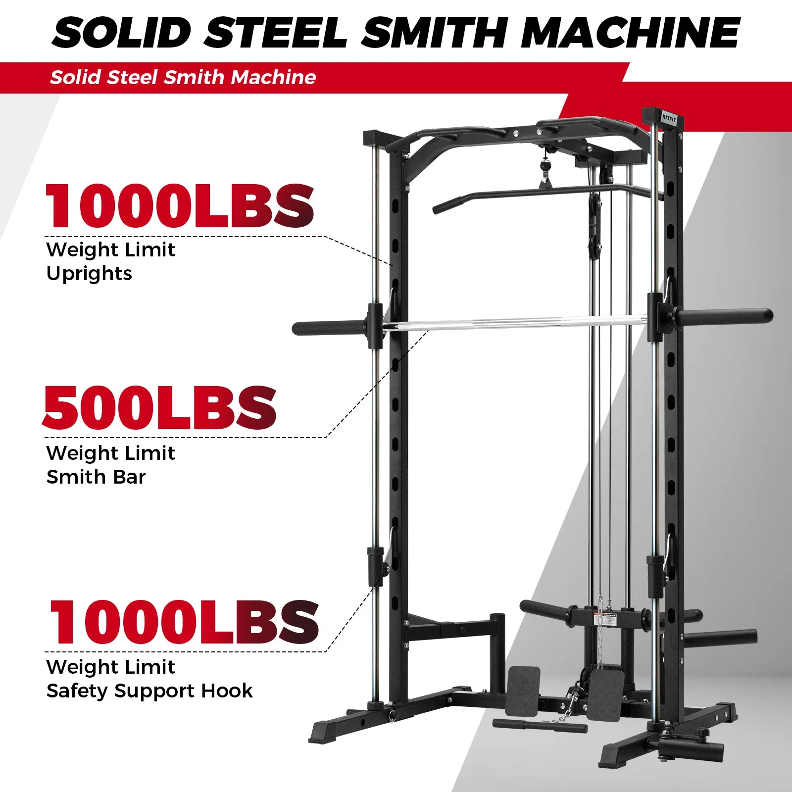 RitFit PSR05 2.0 Multifunctional Smith Machine Power Rack with LAT-Pull Down System