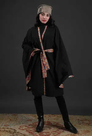 Ziya Black Cashmilon Overlay Cape With Kalamkari Detailing & Waist Belt